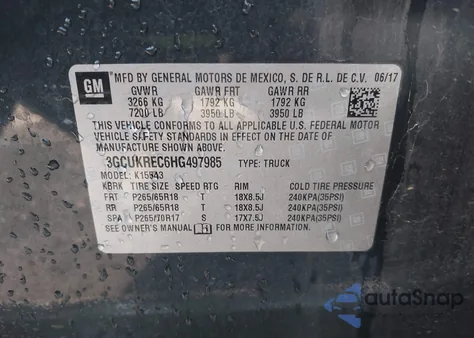 2017 Chevrolet Silverado 1500 2Lt from USA, damaged, VIN 3GCUKREC6HG497985